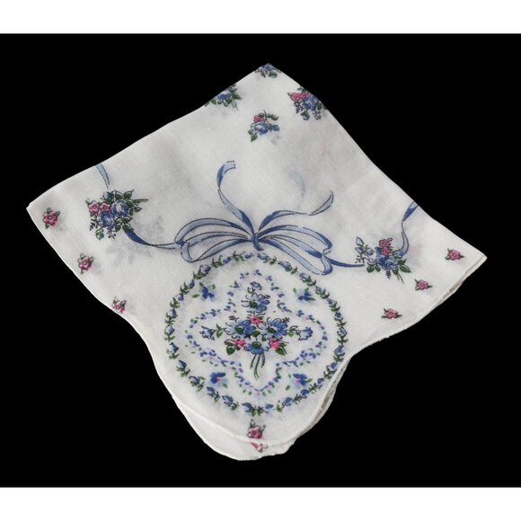 Handkerchief Hanky Hankie Vintage White & Blue with Floral Design - Picture 1 of 2